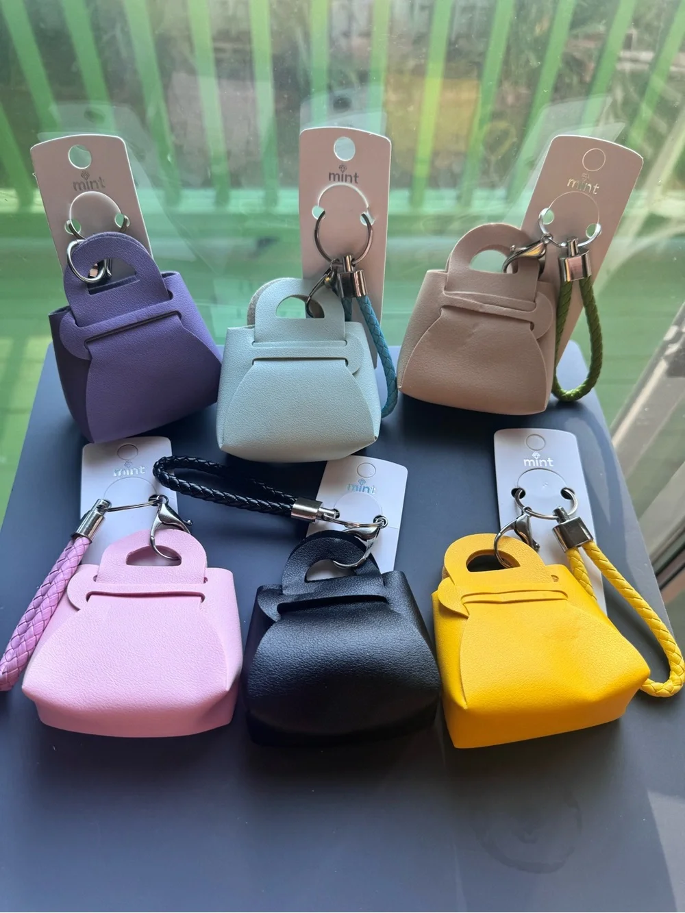 NWT Mint Mini Handbag Keychain & Bag Charm Tan with Green Braided Strap